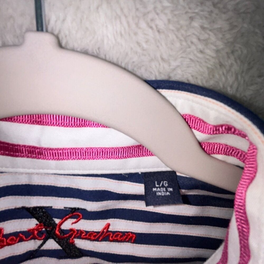 Robert Graham L Shirt Mens Large Navy Blue Striped Pink Flip Cuff Green Trim 100 - Picture 8 of 11